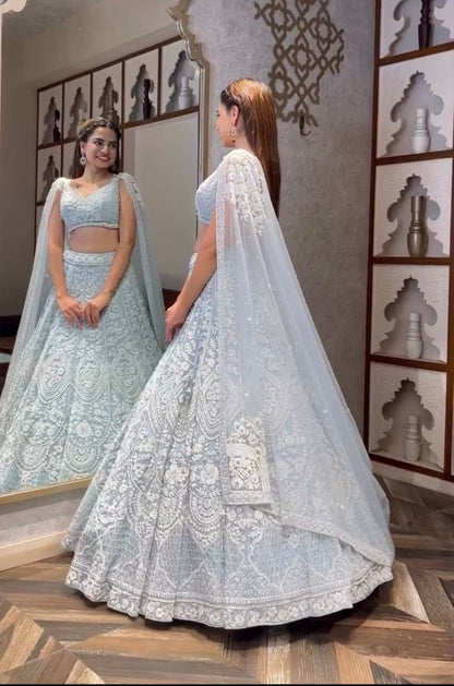 Pastel Ice Blue Thread work Lehenga