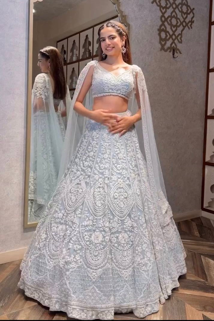 Pastel Ice Blue Thread work Lehenga