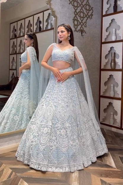 Pastel Ice Blue Thread work Lehenga