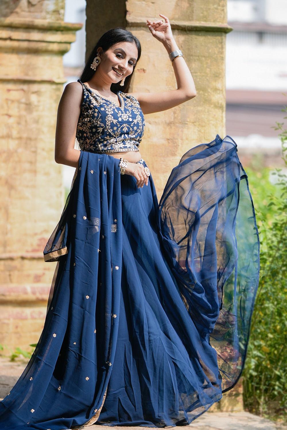 Navy blue Lehenga with work blouse - Gracious You