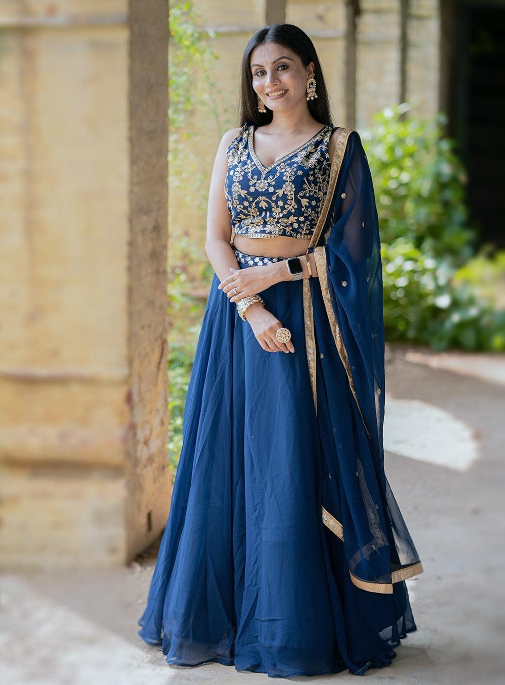 Navy blue Lehenga with work blouse - Gracious You