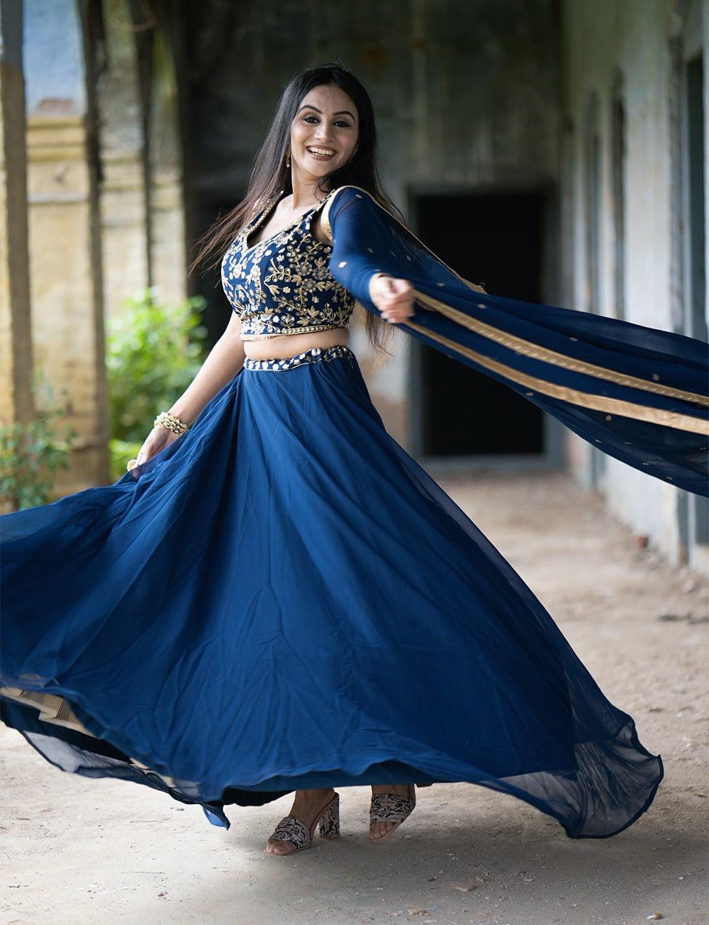 Navy blue Lehenga with work blouse - Gracious You