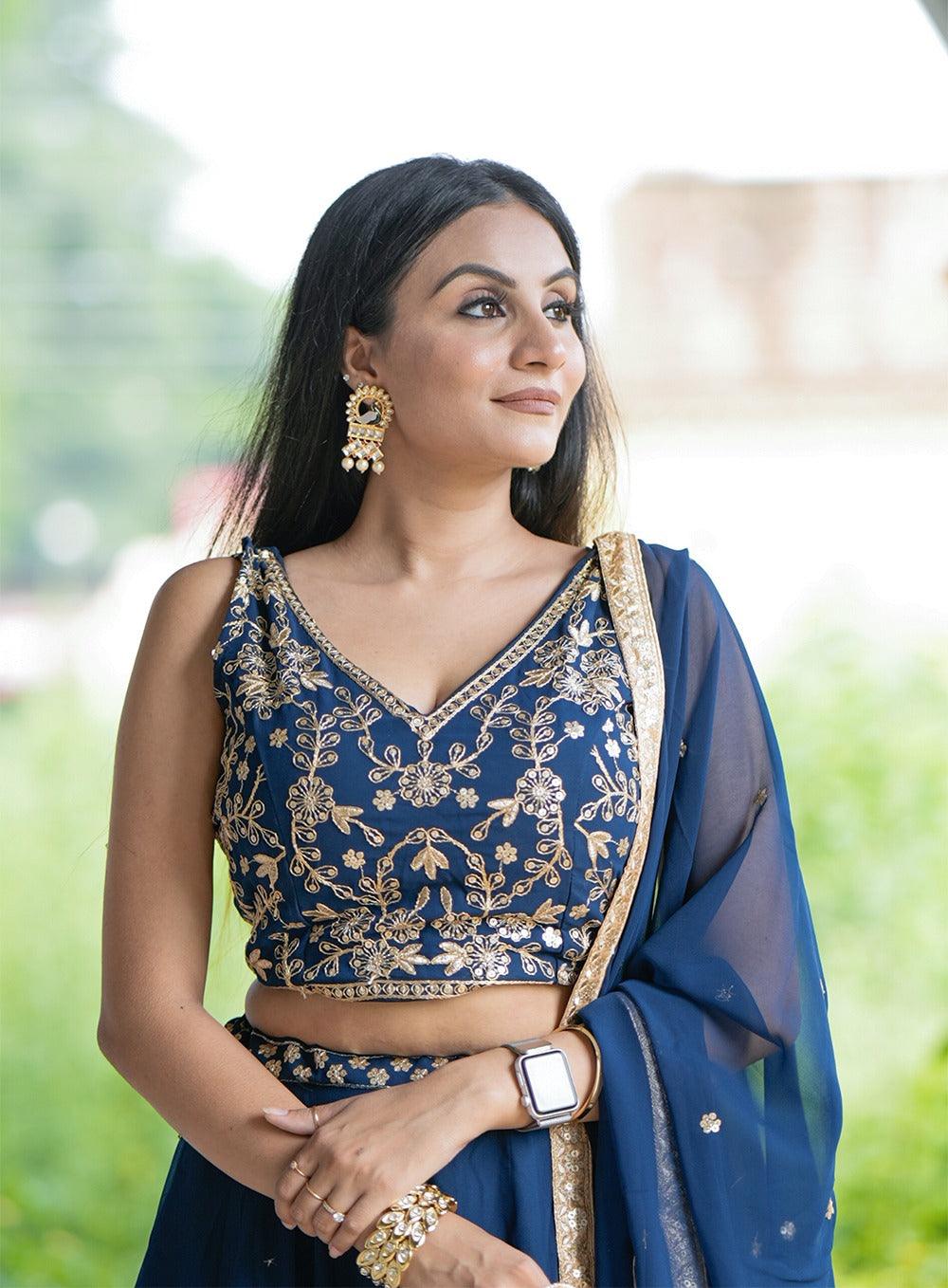 Navy blue Lehenga with work blouse - Gracious You