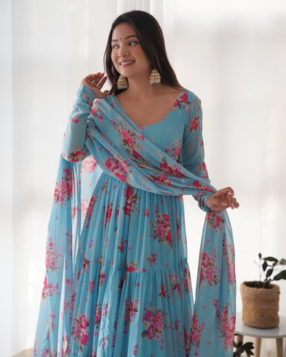 Sky Blue Printed Floral Gown - Gracious You