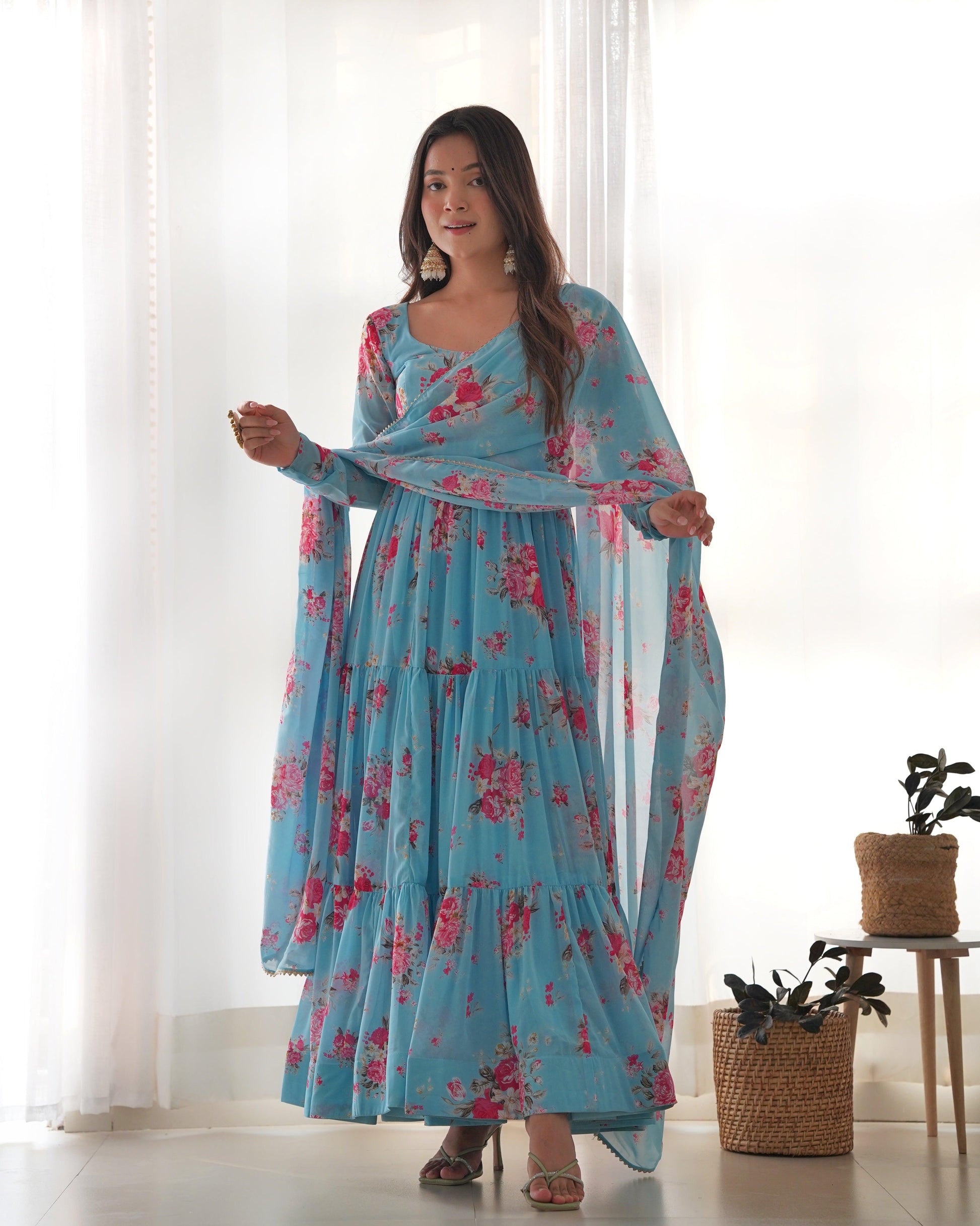 Sky Blue Printed Floral Gown - Gracious You