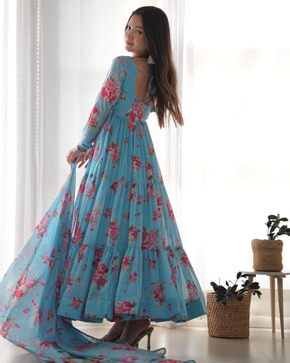 Sky Blue Printed Floral Gown - Gracious You