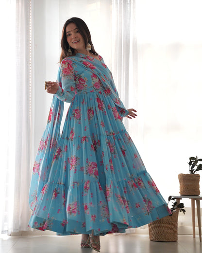 Sky Blue Printed Floral Gown - Gracious You