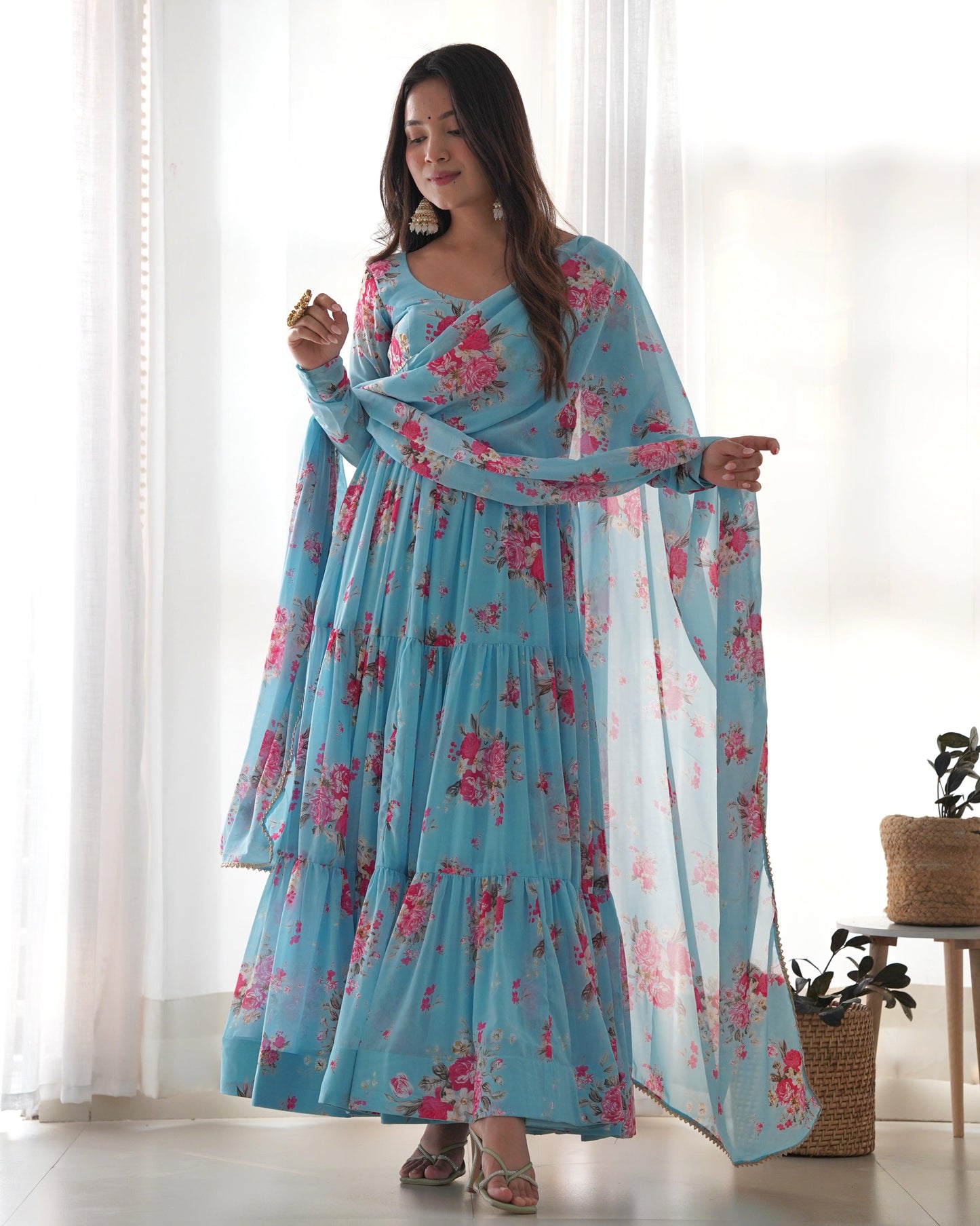 Sky Blue Printed Floral Gown - Gracious You