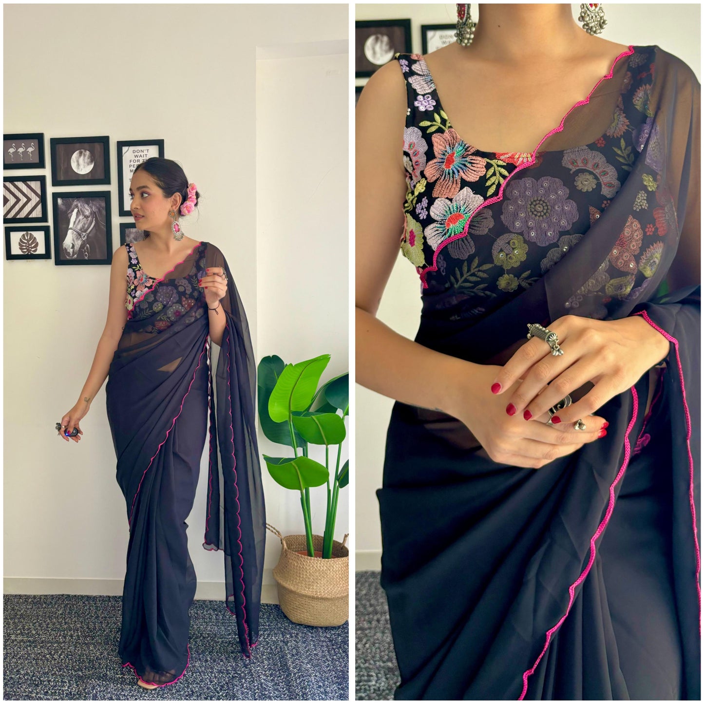 Beautiful Saree with Flower work blouse - Gracious You