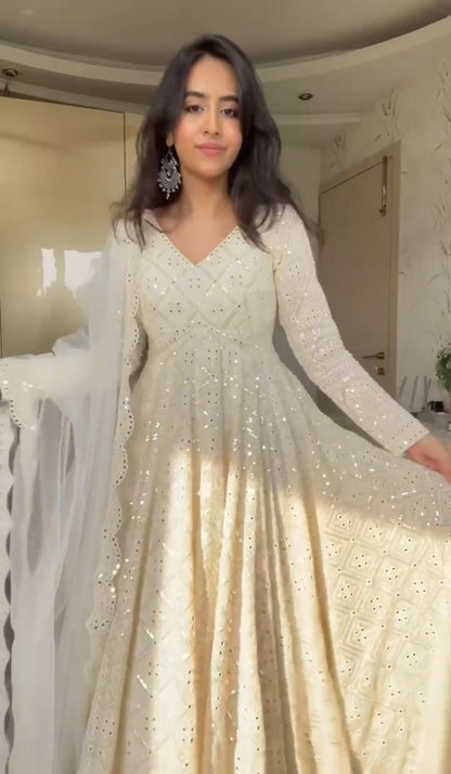 Attractive White Lakhnavi  Anarkali