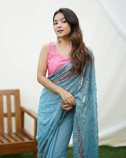 Georgette saree With Beautiful Flower Work - Gracious You