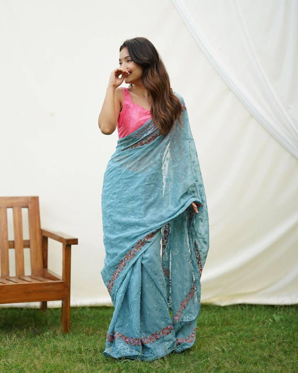 Georgette saree With Beautiful Flower Work - Gracious You