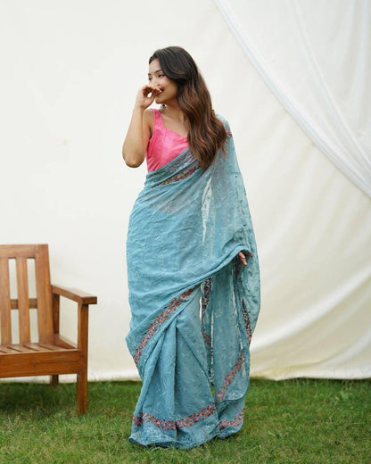 Georgette saree With Beautiful Flower Work - Gracious You