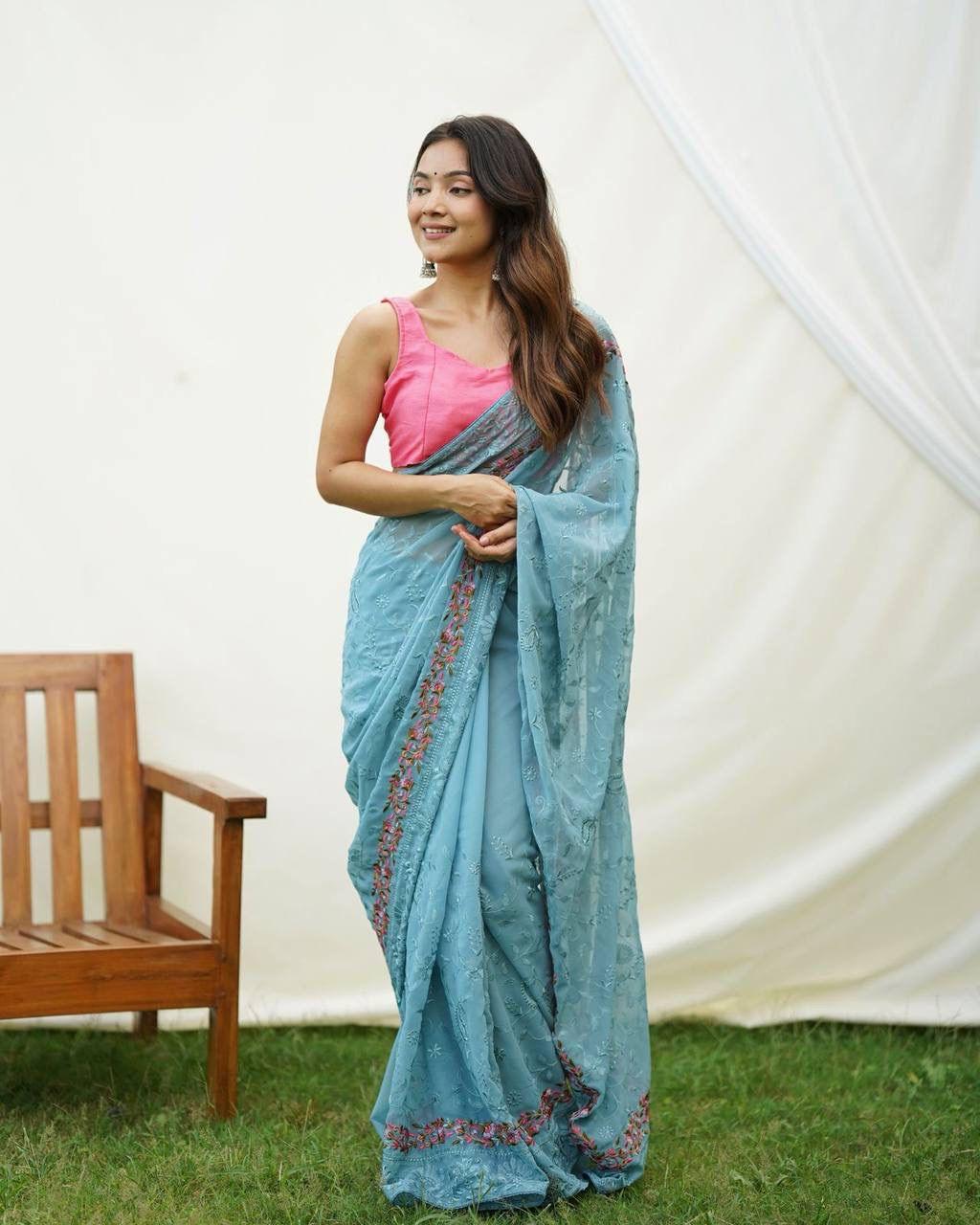 Georgette saree With Beautiful Flower Work - Gracious You