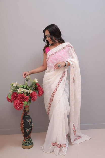 Georgette saree With Beautiful Flower Work - Gracious You