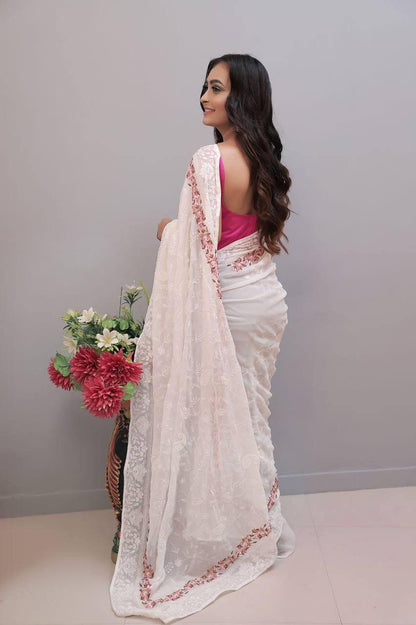 Georgette saree With Beautiful Flower Work - Gracious You