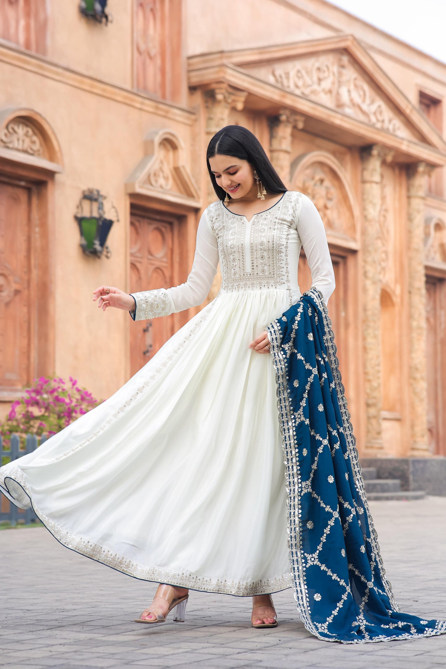 White Anarkali Set With Dupatta