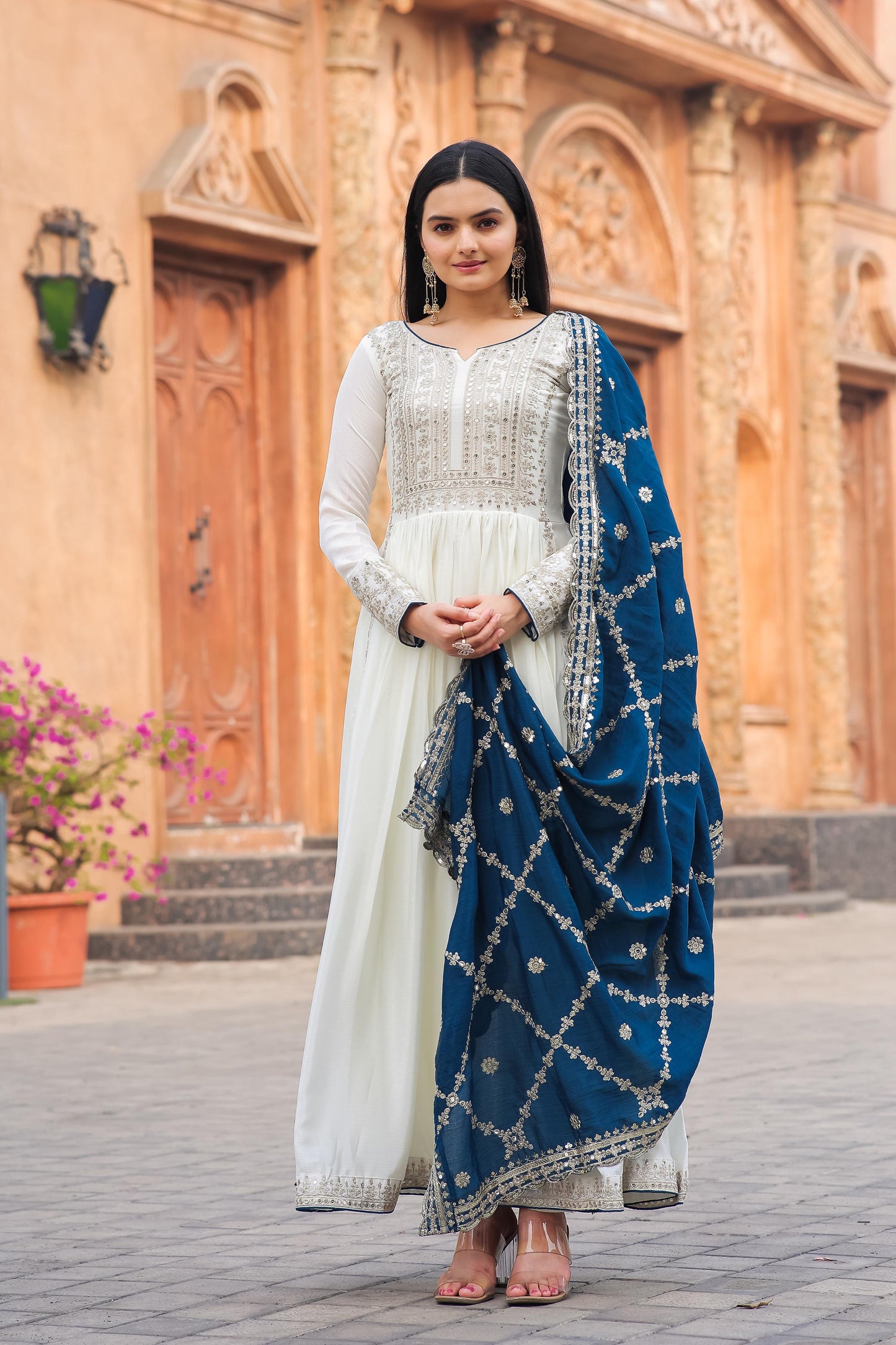 White Anarkali Set With Dupatta