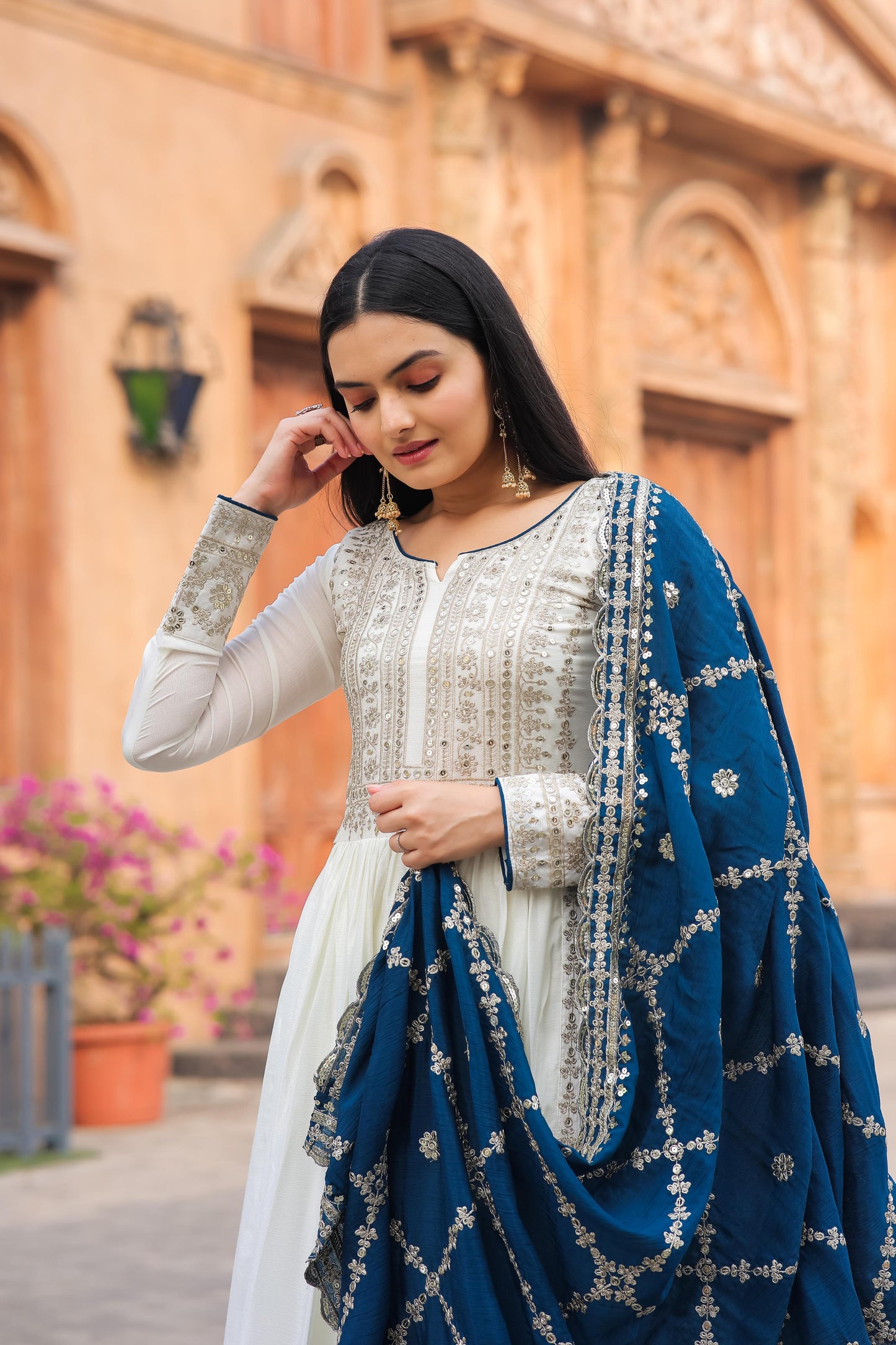 White Anarkali Set With Dupatta