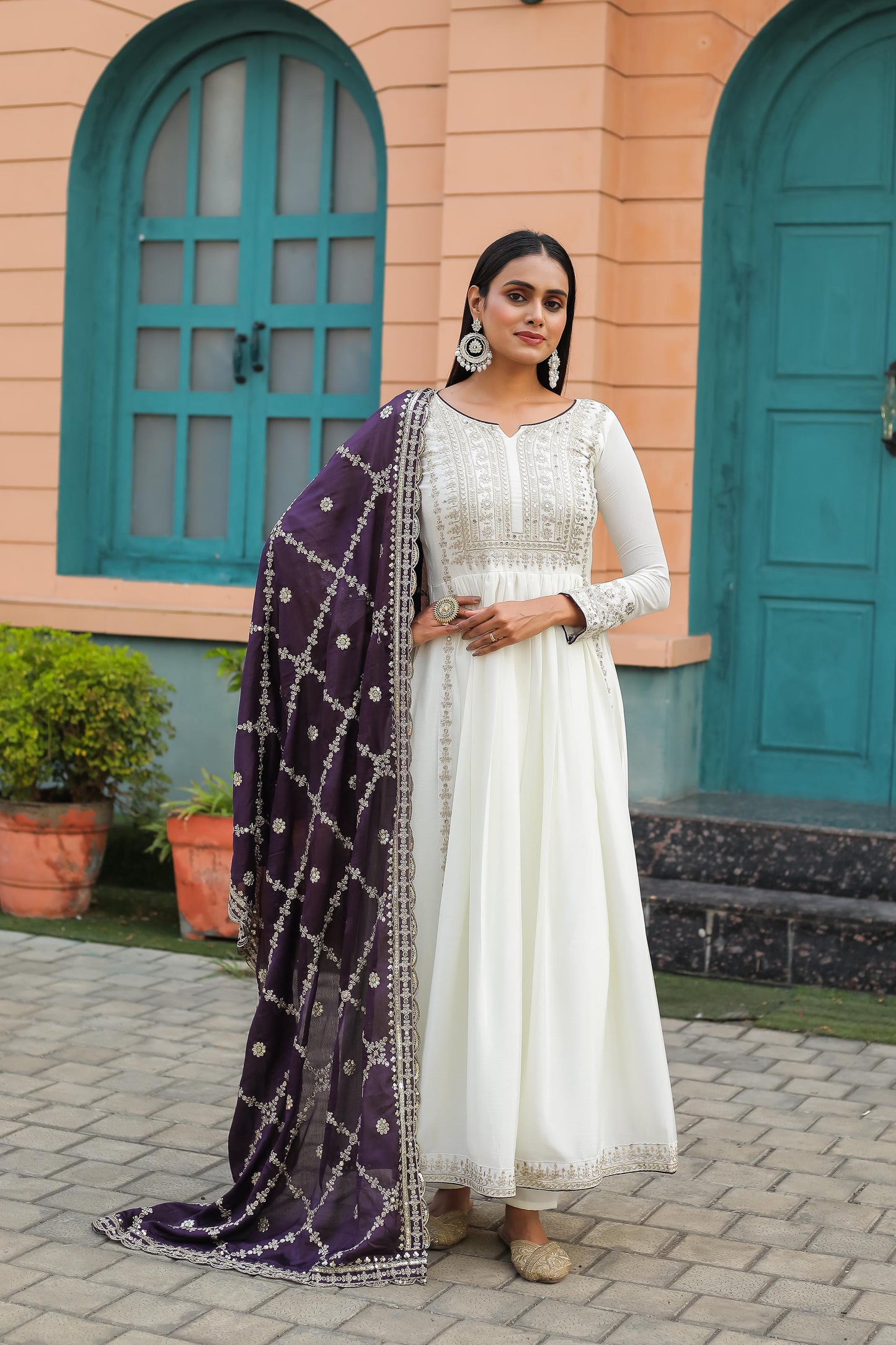 White Anarkali Set With Dupatta