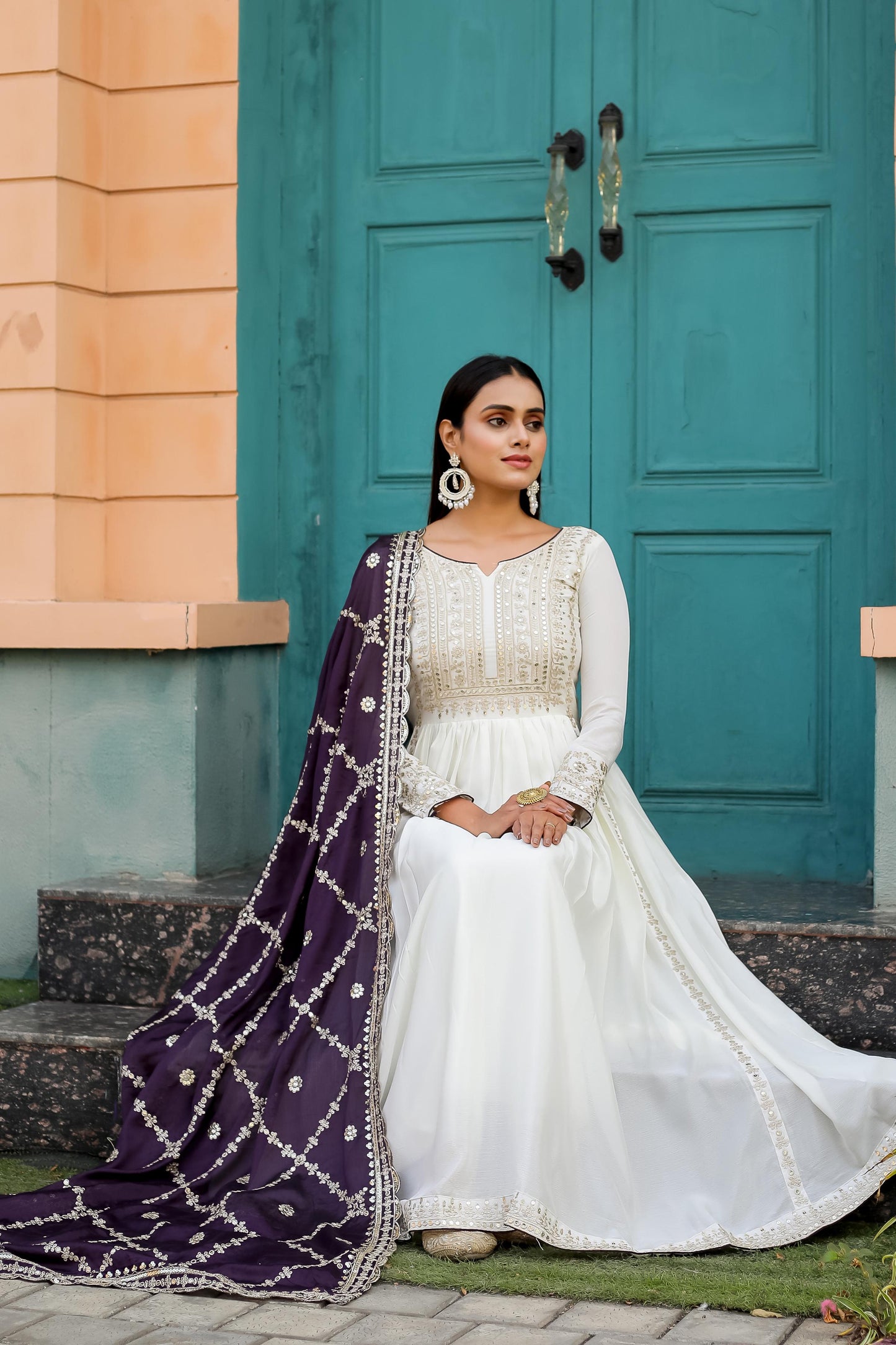 White Anarkali Set With Dupatta