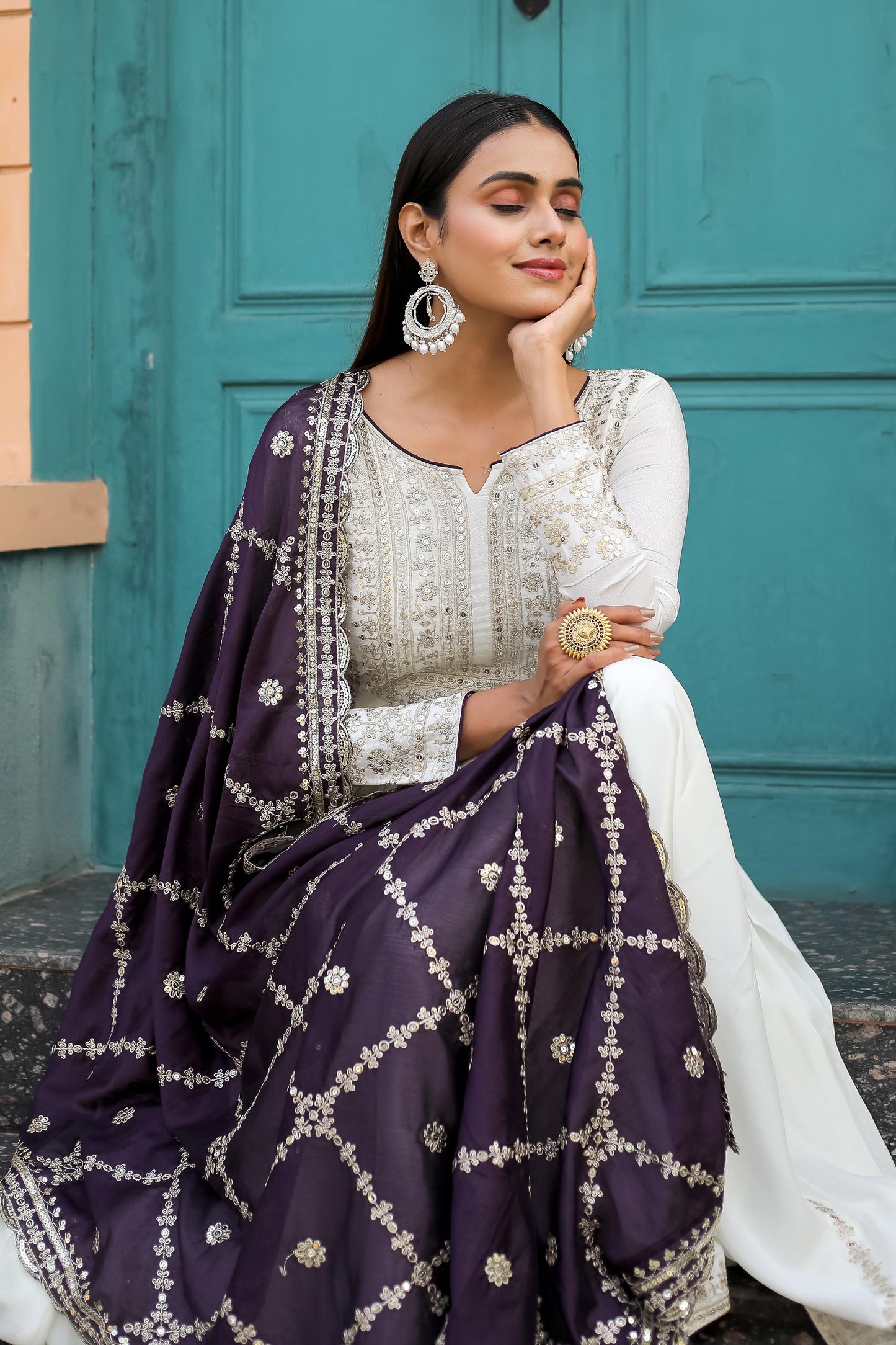 White Anarkali Set With Dupatta