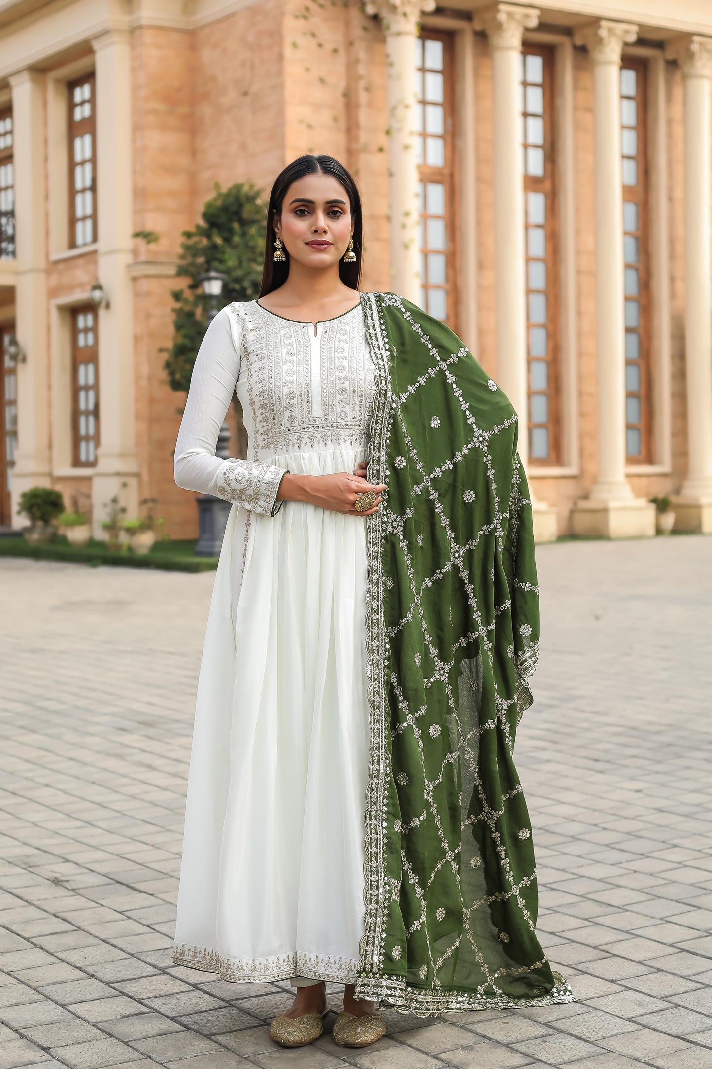 White Anarkali Set With Dupatta