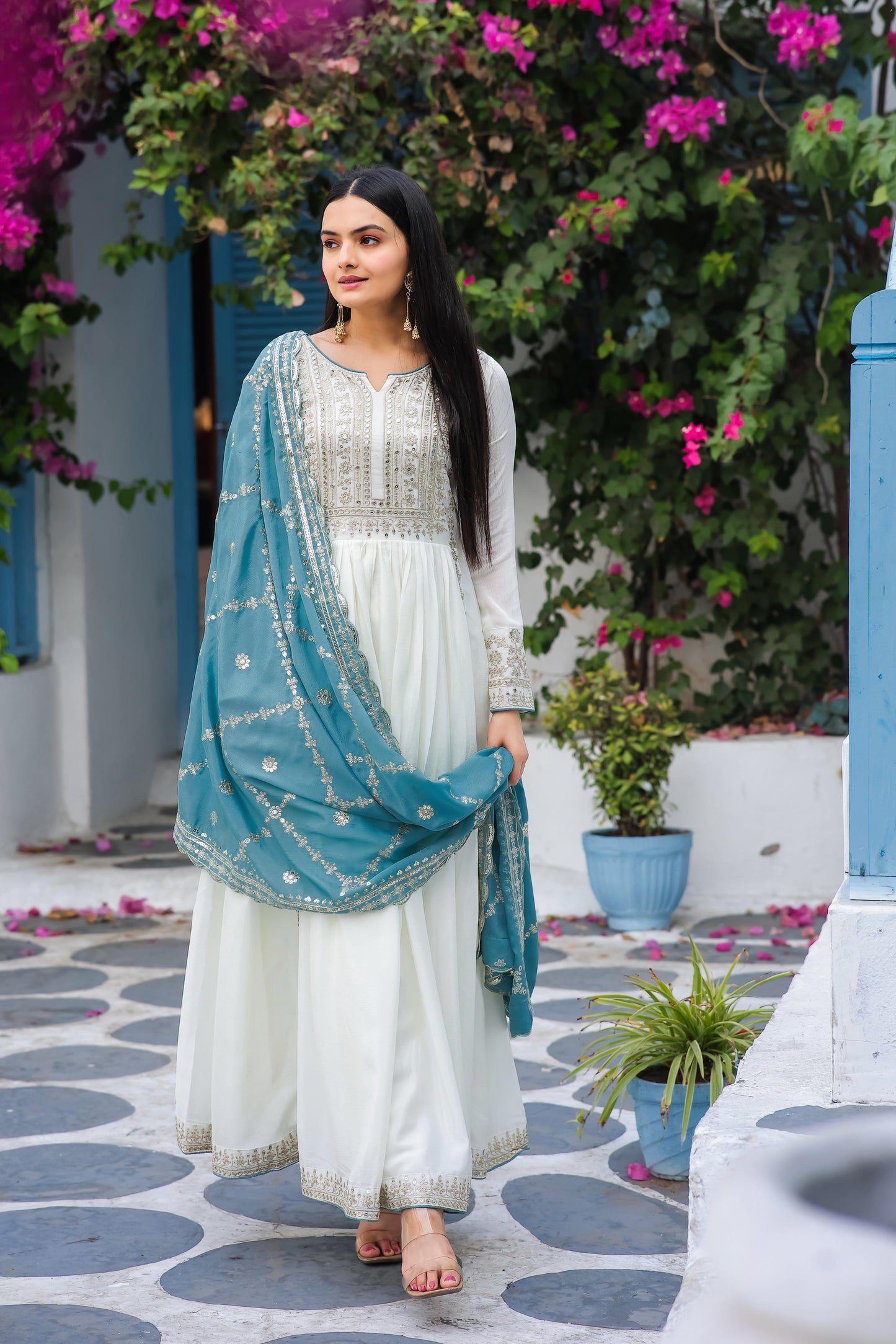 White Anarkali Set With Dupatta