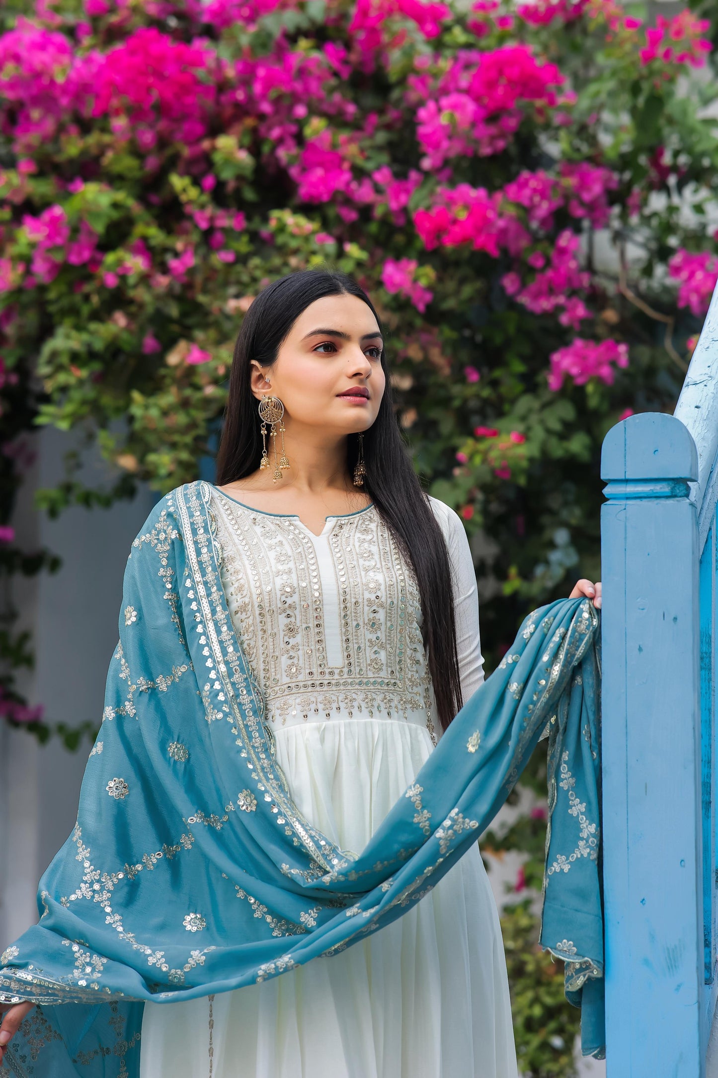 White Anarkali Set With Dupatta