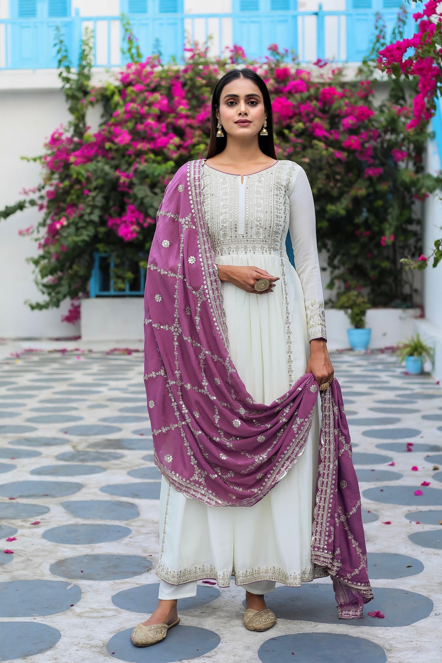 White Anarkali Set With Dupatta