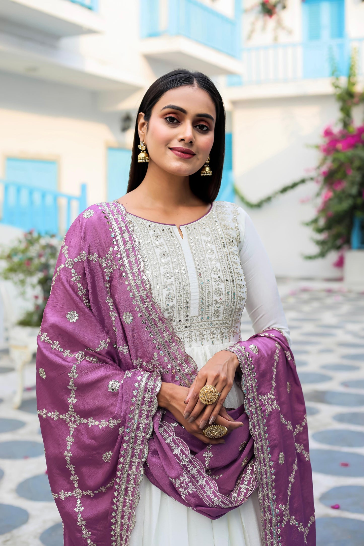 White Anarkali Set With Dupatta