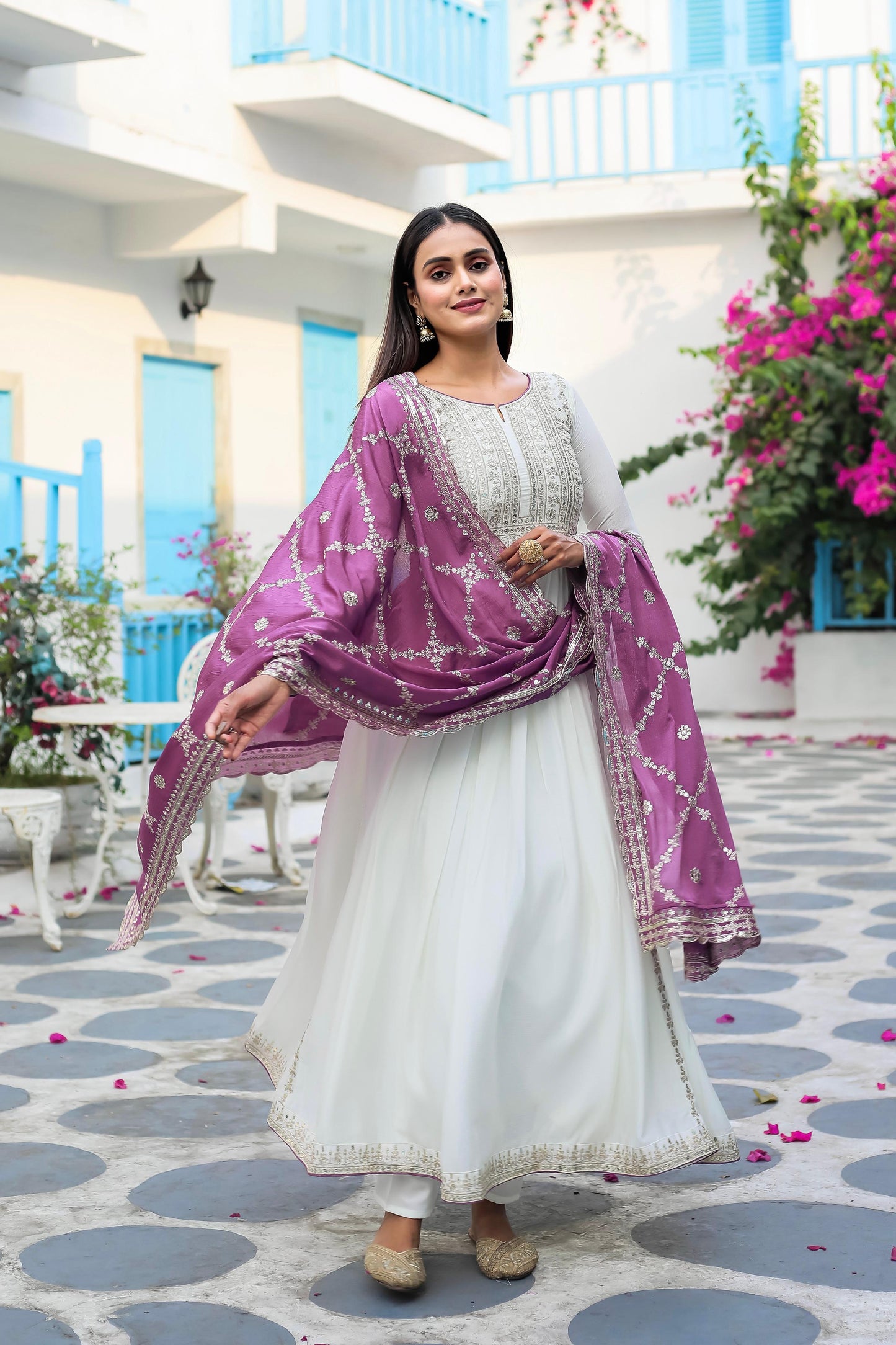 White Anarkali Set With Dupatta