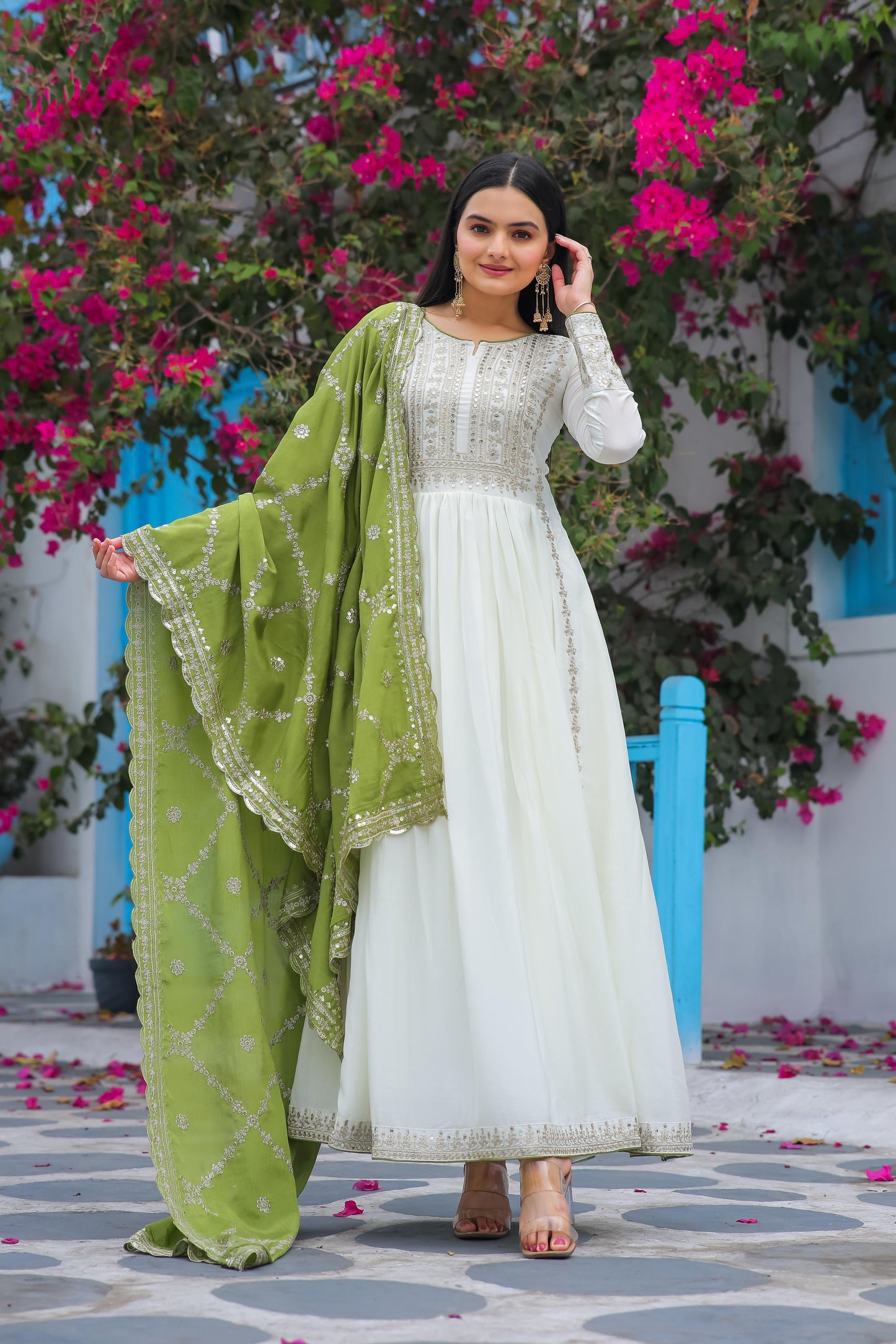 White Anarkali Set With Dupatta