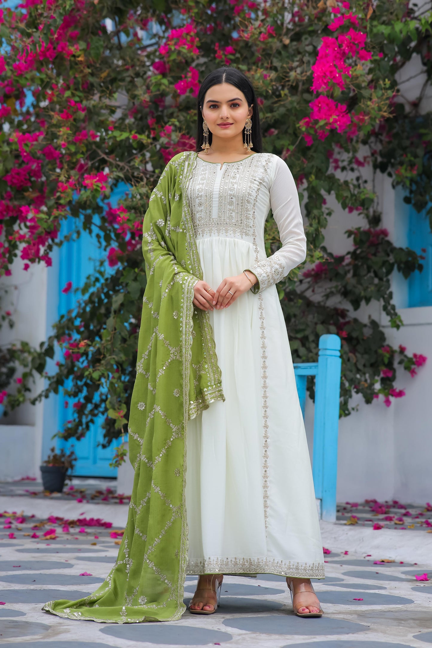 White Anarkali Set With Dupatta