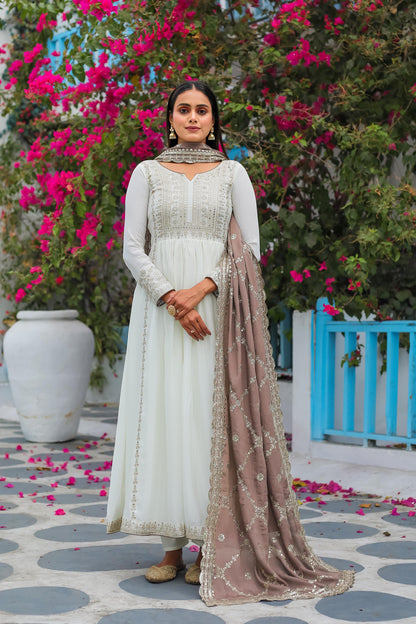 White Anarkali Set With Dupatta