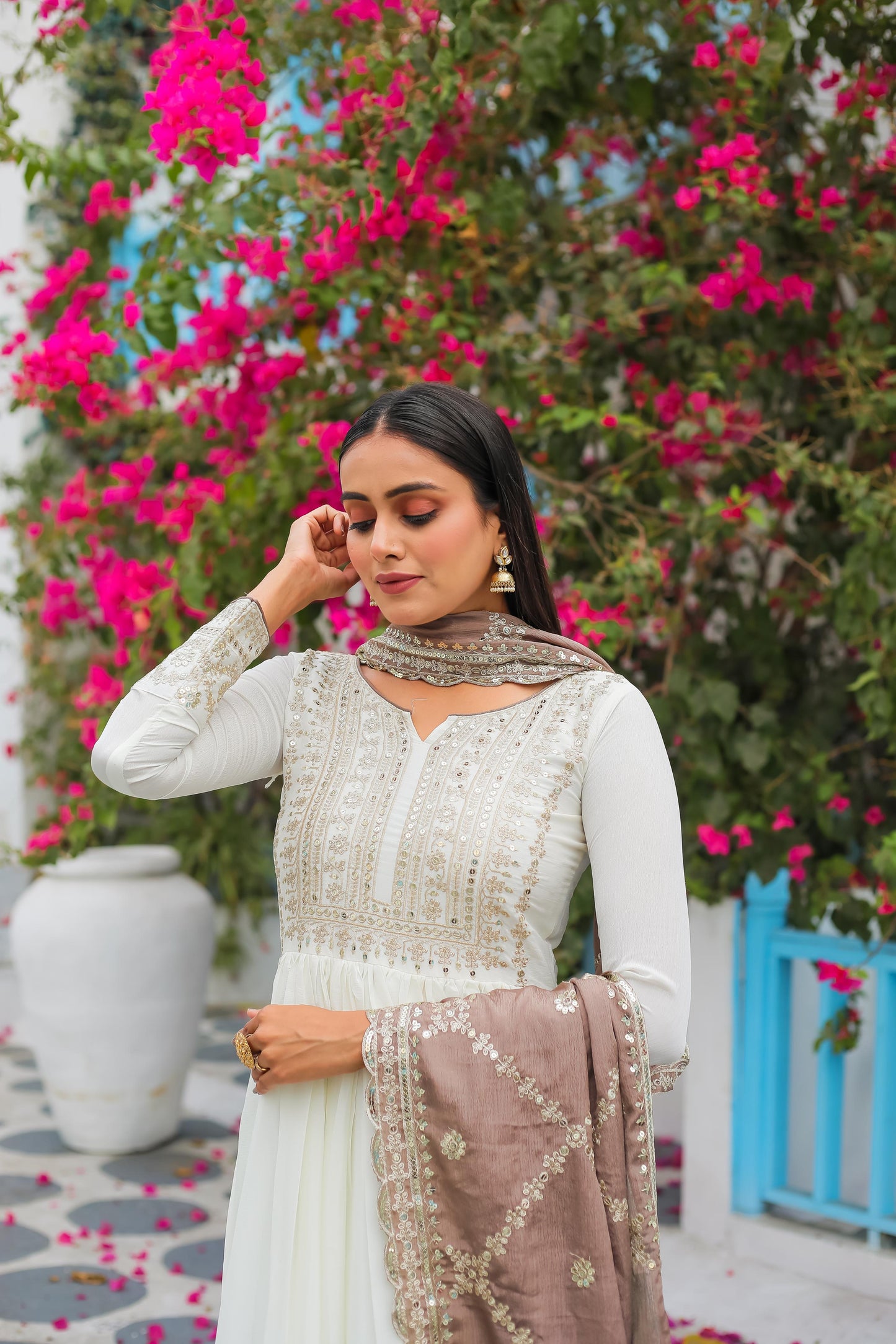 White Anarkali Set With Dupatta