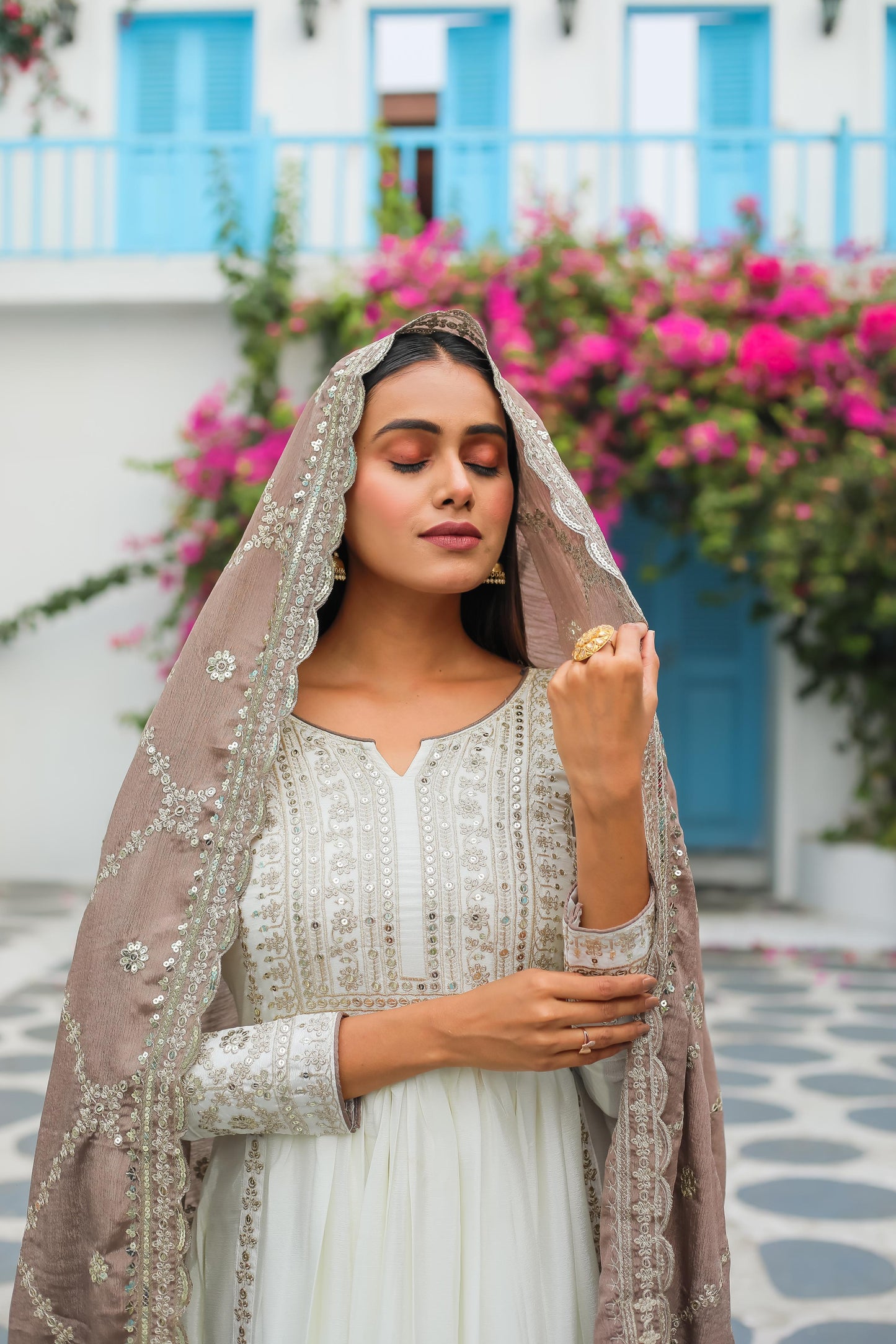 White Anarkali Set With Dupatta