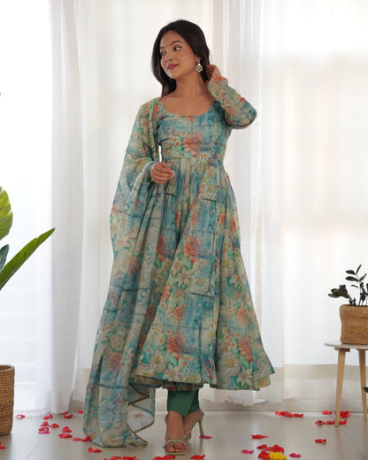 Printed Bottle Green Organza Anarkali - Gracious You