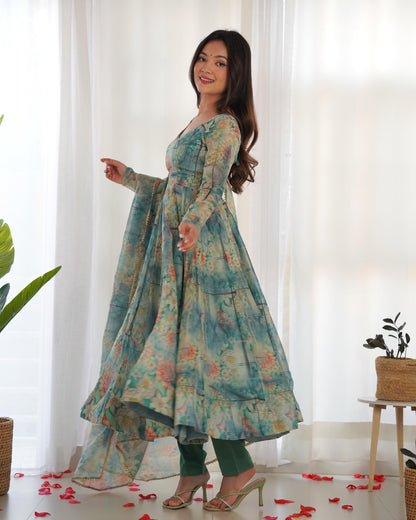 Printed Bottle Green Organza Anarkali - Gracious You