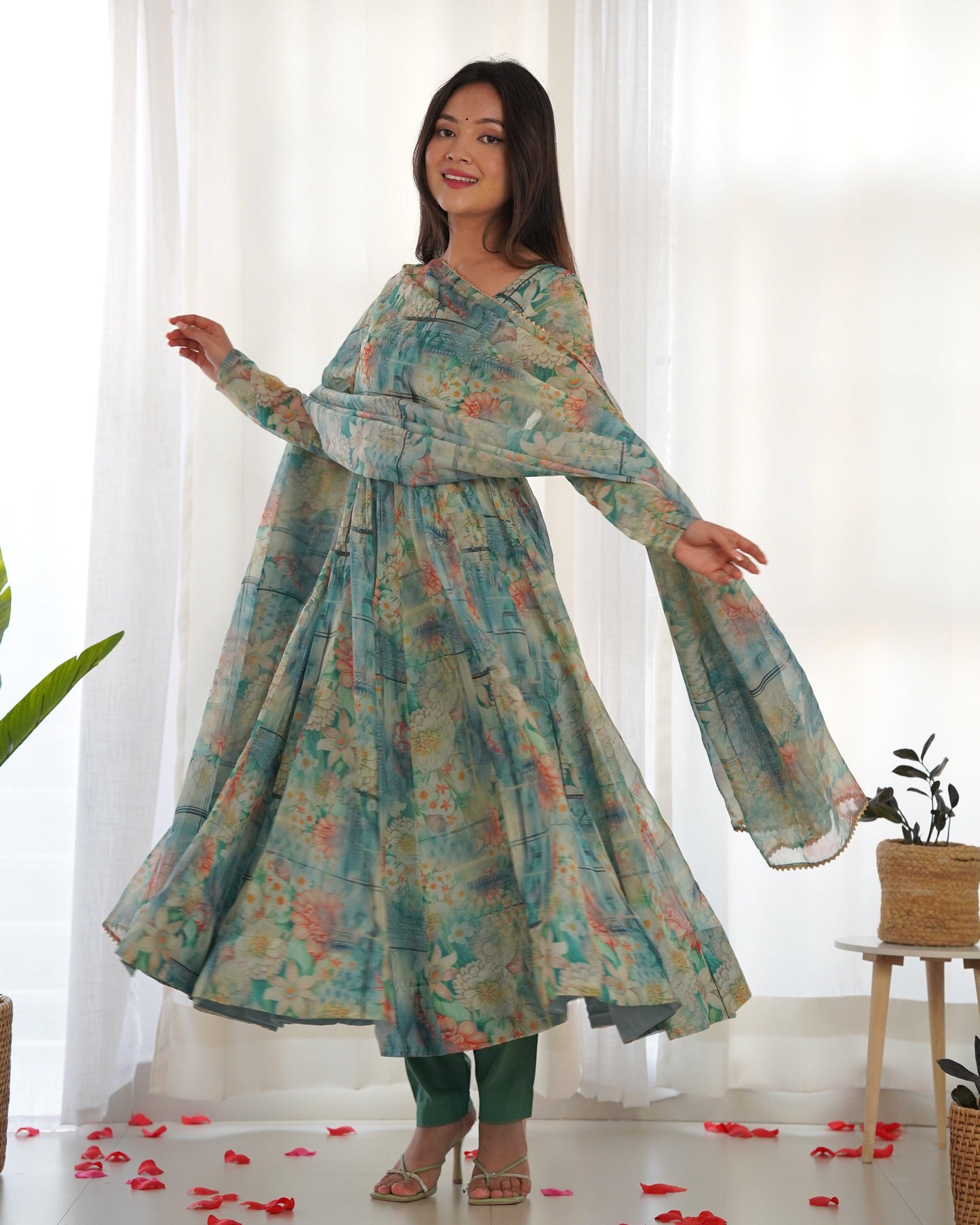 Printed Bottle Green Organza Anarkali - Gracious You