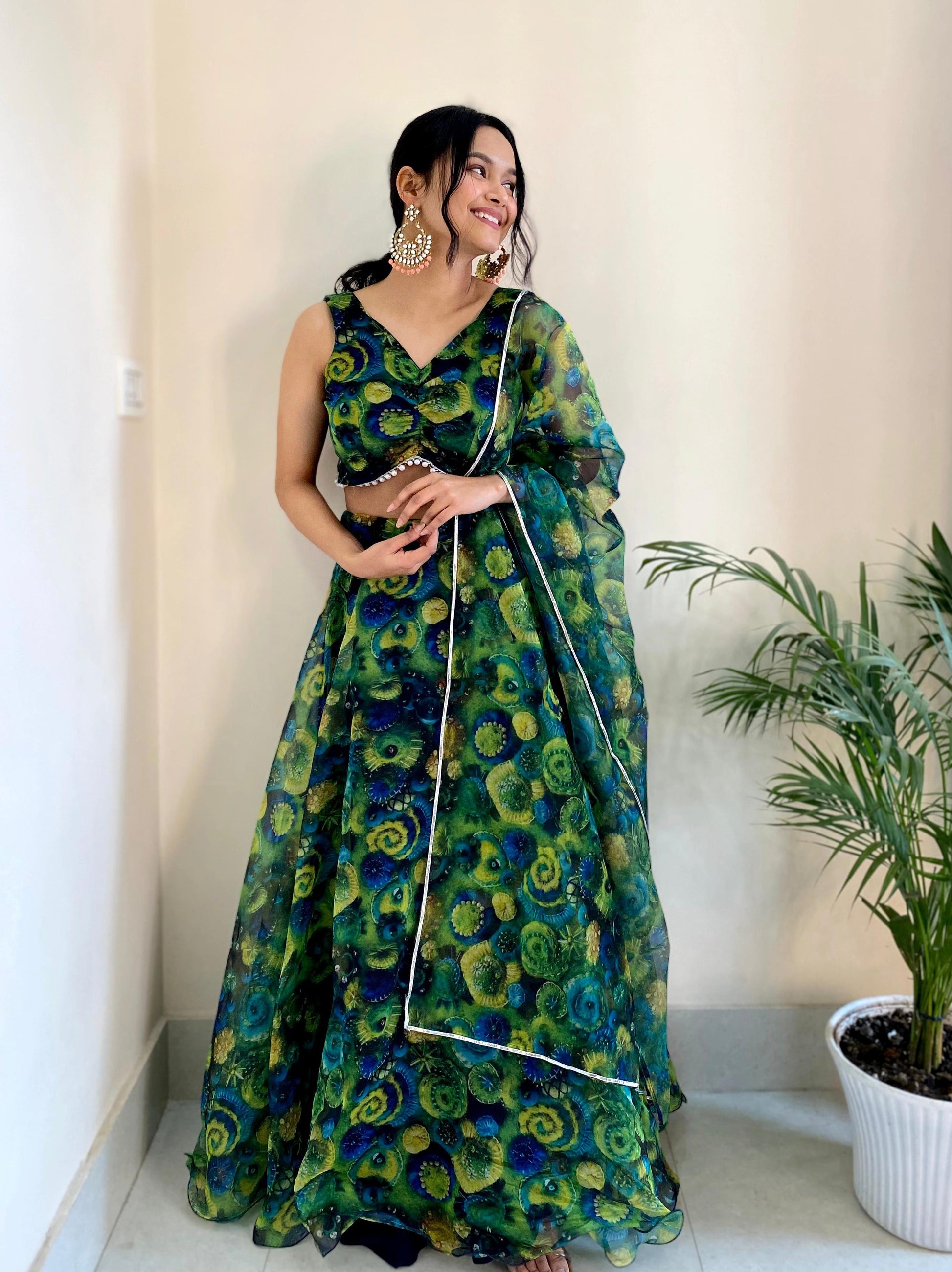 Emerald green lehenga with floral embroidery - Gracious You