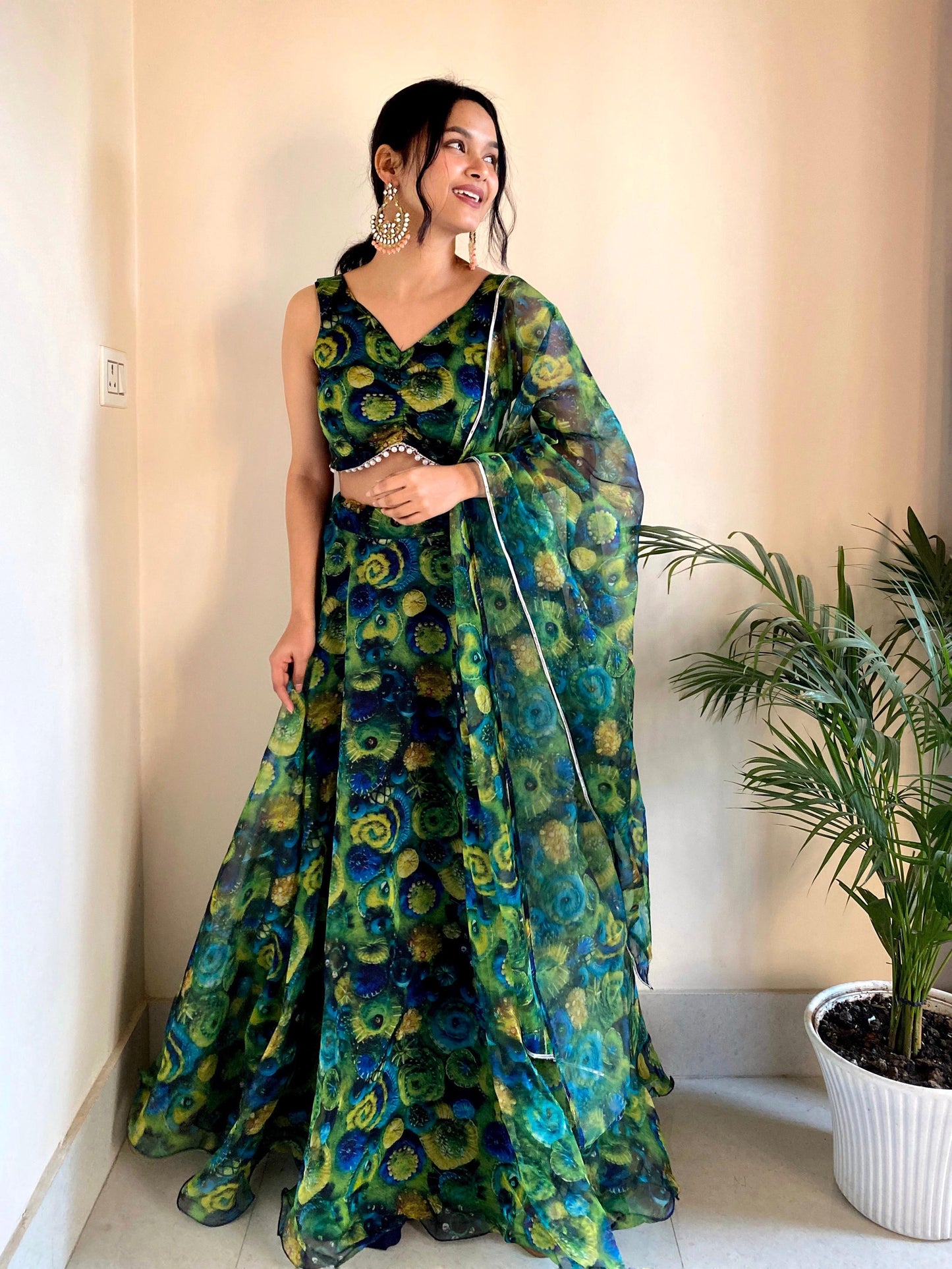 Emerald green lehenga with floral embroidery - Gracious You