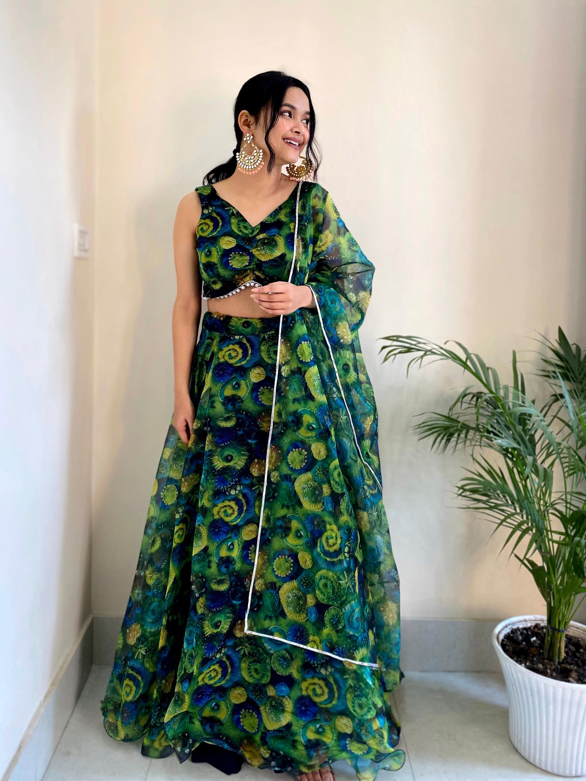 Emerald green lehenga with floral embroidery - Gracious You