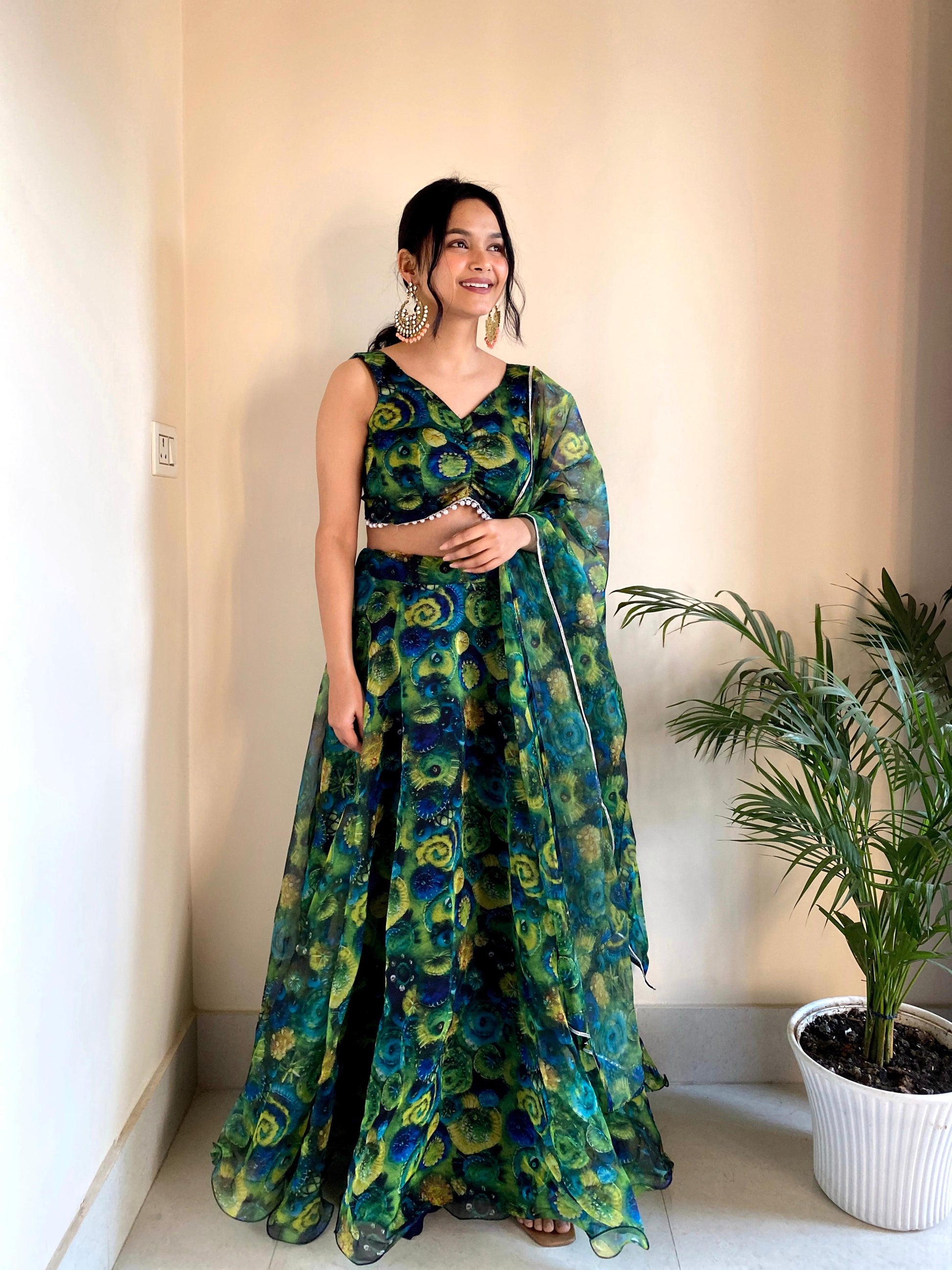 Emerald green lehenga with floral embroidery - Gracious You