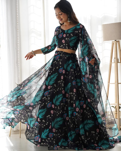 Peacock Print Organza lehenga