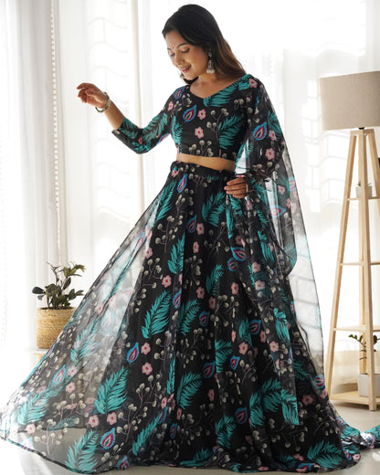 Peacock Print Organza lehenga