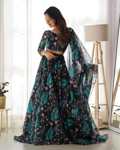 Peacock Print Organza lehenga