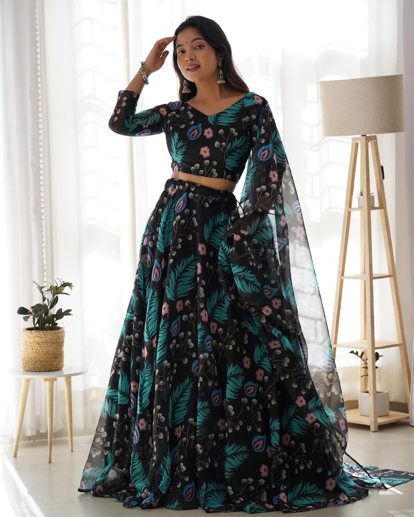 Peacock Print Organza lehenga