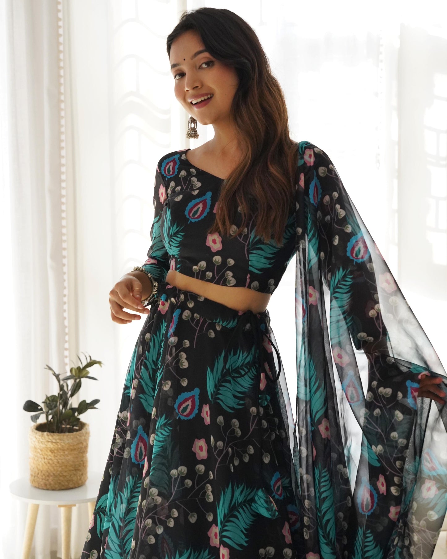 Peacock Print Organza lehenga