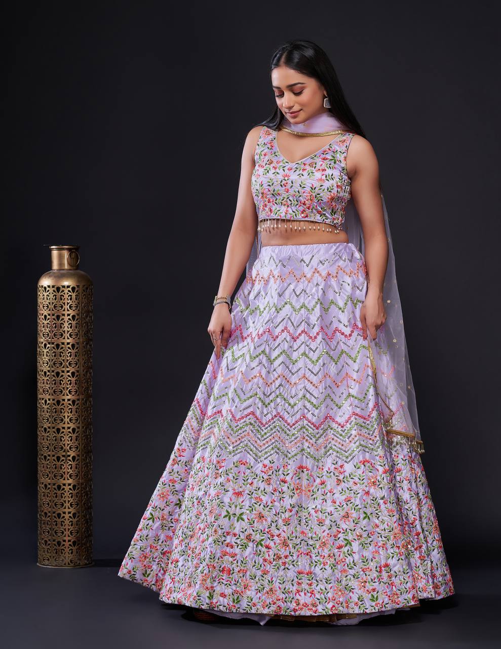 Lilac Sequins And Thread Work Lehenga With Net Dupatta